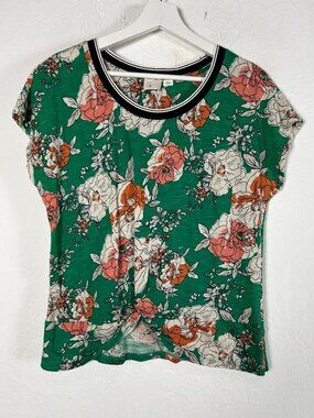 9-H15 STCL Anthropologie Womens Green Short-Sleeve Yardley Floral Top Large NWOT